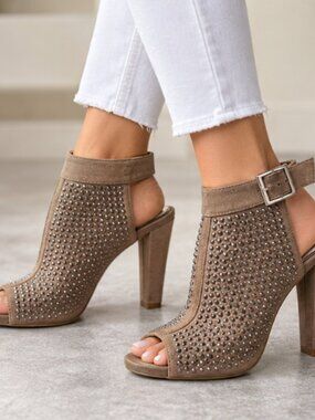JLO Jennifer Lopez Studded Taupe Peep-Toe Ankle Strap Heels
